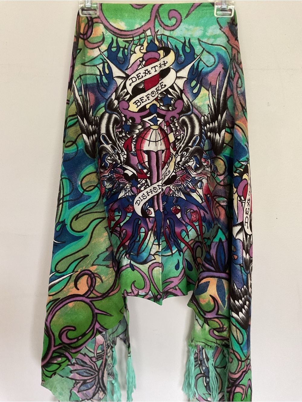 Vintage Ed Hardy Christian Audigier death before dishonor fringe scarf green